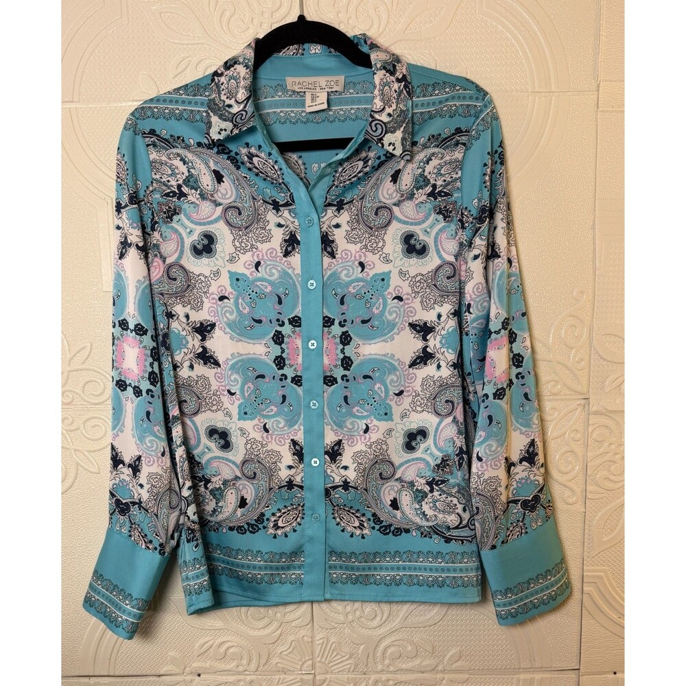 Rachel Zoe Satin blouse S Aqua Paisley Beautiful Shirt Career Boho Chic SKU 186